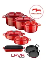 Lava Döküm Sekizli Tencere Tava Seti Trendy  Silikon Tutacak ve Ahşap Kaşık Hediyeli