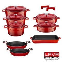 Lava Döküm Sekizli Tencere Tava Seti Trendy  Silikon Tutacak ve Ahşap Kaşık Hediyeli