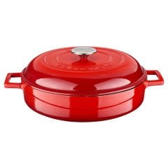 Lava Casting Multi-Purpose Flat Pot Diameter (Ø)28cm. Cast Iron Solid Handled Dome Form Covered Edition Series - Red