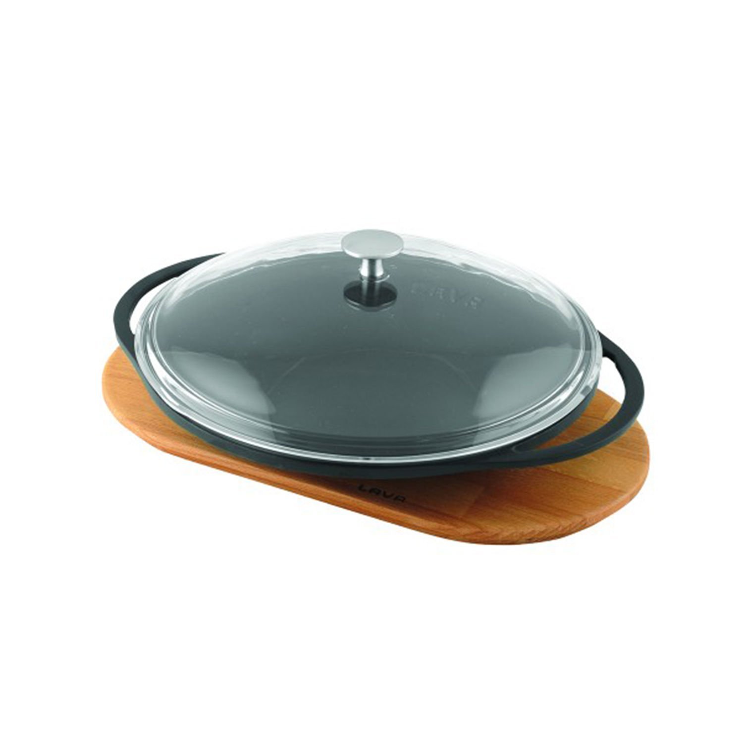 Lava Casting Round Sheet Roasting Pan Diameter (Ø)28cm. Cast Iron Solid Double Handle Beech Serving Wood with Glass Lid