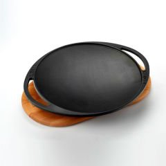 Lava Casting Round Sheet Roasting Pan Diameter (Ø)28cm. Cast Iron Solid Double Handle Beech Serving Wood with Glass Lid