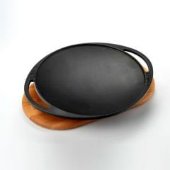 Lava Casting Round Sheet Roasting Pan Diameter (Ø)28cm. Cast Iron Solid Double Handle Beech Serving Wood with Glass Lid