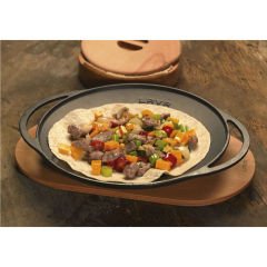 Lava Casting Round Sheet Roasting Pan Diameter (Ø)28cm. Cast Iron Solid Double Handle Beech Serving Wood with Glass Lid