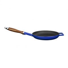 Lava Döküm Yuvarlak Kızartma Tavası Çap(Ø)24cm Döküm Demir Ahşap Saplı. - Mavi