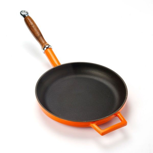 Lava Döküm Yuvarlak Kızartma Tavası Çap(Ø)24cm Döküm Demir Ahşap Saplı. - Turuncu