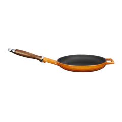 Lava Döküm Yuvarlak Kızartma Tavası Çap(Ø)24cm Döküm Demir Ahşap Saplı. - Turuncu