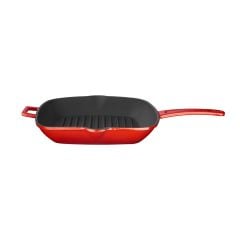 Lava Döküm Kare Izgara Tava Ölçü 26x26 cm. Döküm Demir Yekpare Saplı Cam Kapaklı- Kırmızı