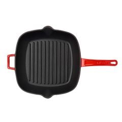 Lava Döküm Kare Izgara Tava Ölçü 26x26 cm. Döküm Demir Yekpare Saplı Cam Kapaklı- Kırmızı