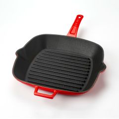 Lava Döküm Kare Izgara Tava Ölçü 26x26 cm. Döküm Demir Yekpare Saplı Cam Kapaklı- Kırmızı