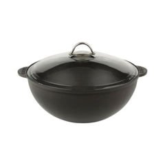 Lava Döküm Yuvarlak Cam Kapaklı Kazan / Tencere. Çap(Ø)30 cm. Döküm Demir Yekpare Kulplu