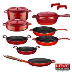 Lava Döküm 9 Parça Tencere Tava Seti Trendy Ahşap Kaşık Hediyeli