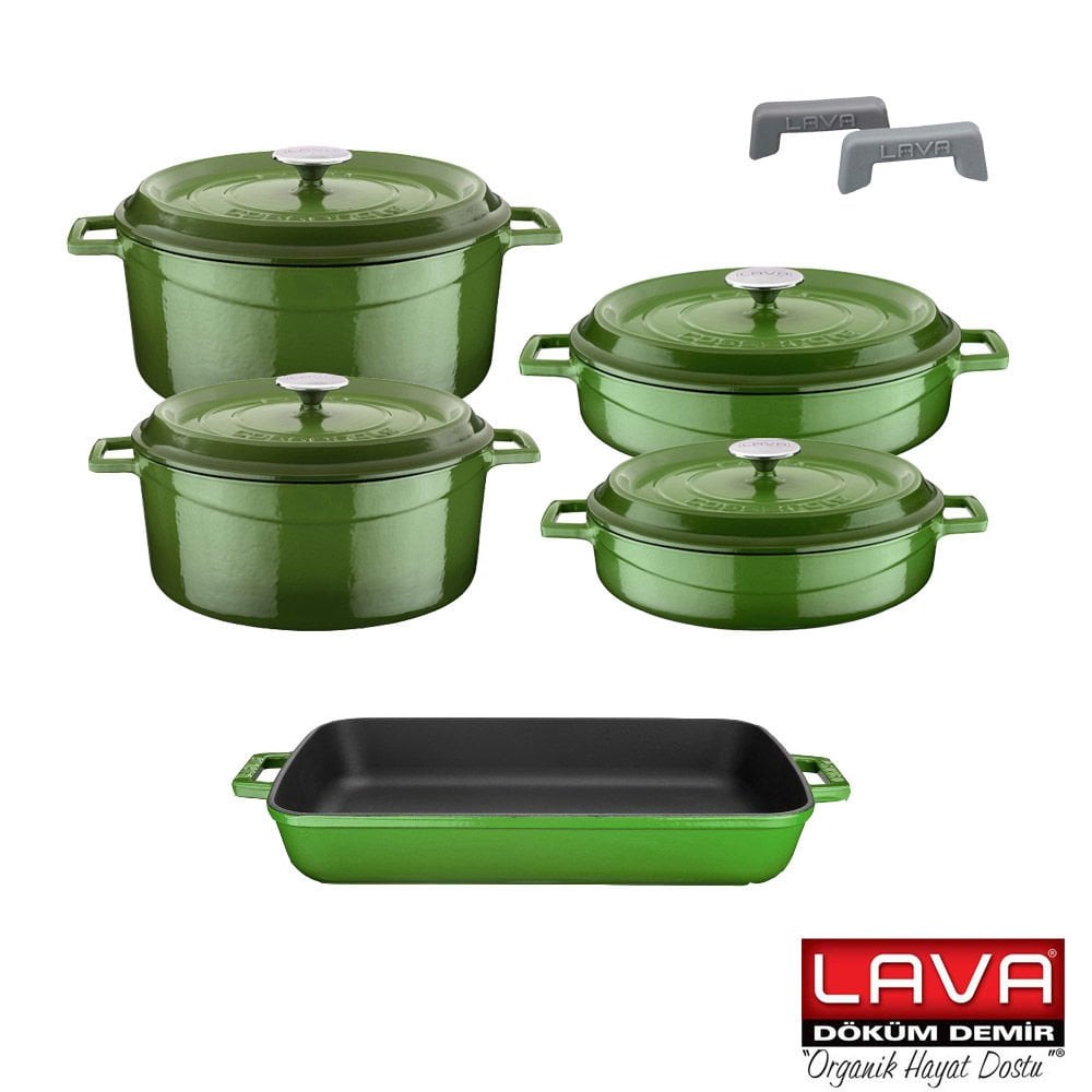 Lava Döküm Beşli Tencere Tava Seti Trendy Silikon Tutacak ve Ahşap Kaşık Hediyeli