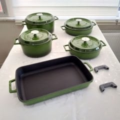 Lava Döküm Beşli Tencere Tava Seti Trendy Silikon Tutacak ve Ahşap Kaşık Hediyeli