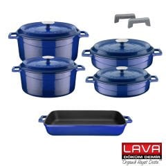 Lava Döküm Beşli Tencere Tava Seti Trendy Silikon Tutacak ve Ahşap Kaşık Hediyeli