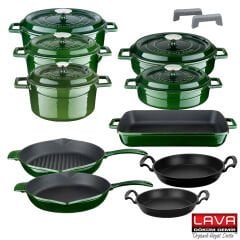 Lava Döküm Majolica Yeşil 10 Parça Tencere Tava Seti Silikon Tutacak ve Ahşap Kaşık Hediyeli