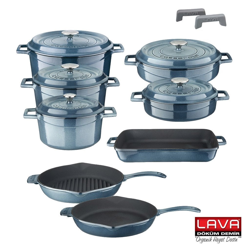 Lava Döküm Majolica Gri 8 Parça Tencere Tava Seti Silikon Tutacak ve Ahşap Kaşık Hediyeli