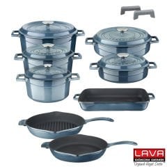 Lava Döküm Majolica Gri 8 Parça Tencere Tava Seti Silikon Tutacak ve Ahşap Kaşık Hediyeli