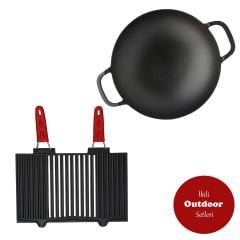 Lava Döküm 2'li Avantajlı Outdoor Seti - 40x25 cm Mangal Izgara + 38 cm Wok Tava Ahşap Kaşık Hediyeli