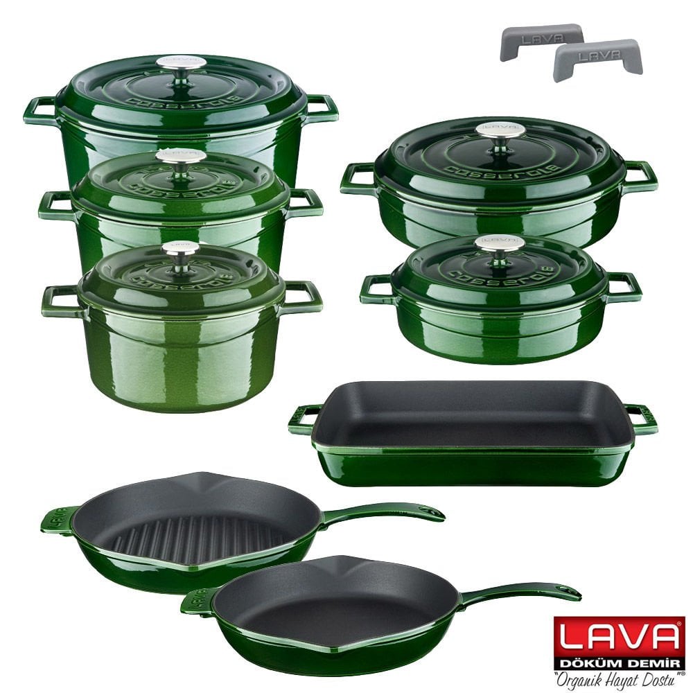 Lava Döküm Majolica Yeşil 8 Parça Tencere Tava Seti Silikon Tutacak ve Ahşap Kaşık Hediyeli