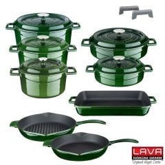 Lava Döküm Majolica Yeşil 8 Parça Tencere Tava Seti Silikon Tutacak ve Ahşap Kaşık Hediyeli