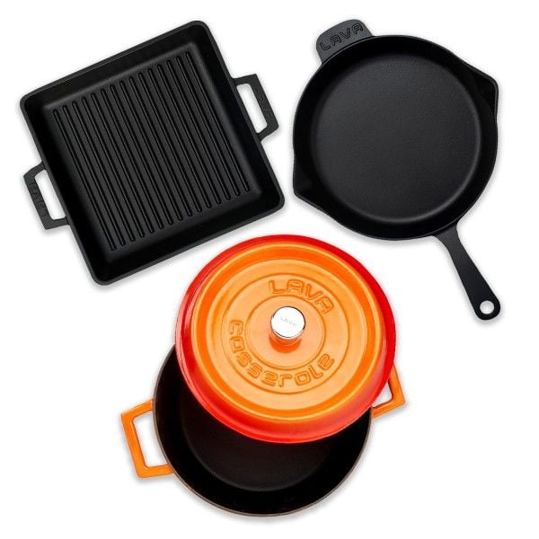 Lava Döküm Üçlü Klasik Trendy Set Silikon Tutacak ve Ahşap Kaşık Hediyeli TURUNCU