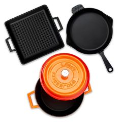 Lava Döküm Üçlü Klasik Trendy Set Silikon Tutacak ve Ahşap Kaşık Hediyeli TURUNCU