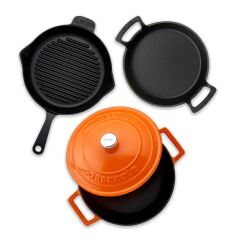 Lava Döküm Üçlü Klasik Folk Set Silikon Tutacak ve Ahşap Kaşık Hediyeli TURUNCU