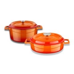 Lava Döküm Yuvarlak Derin ve Sığ İkili Tencere Seti Turuncu