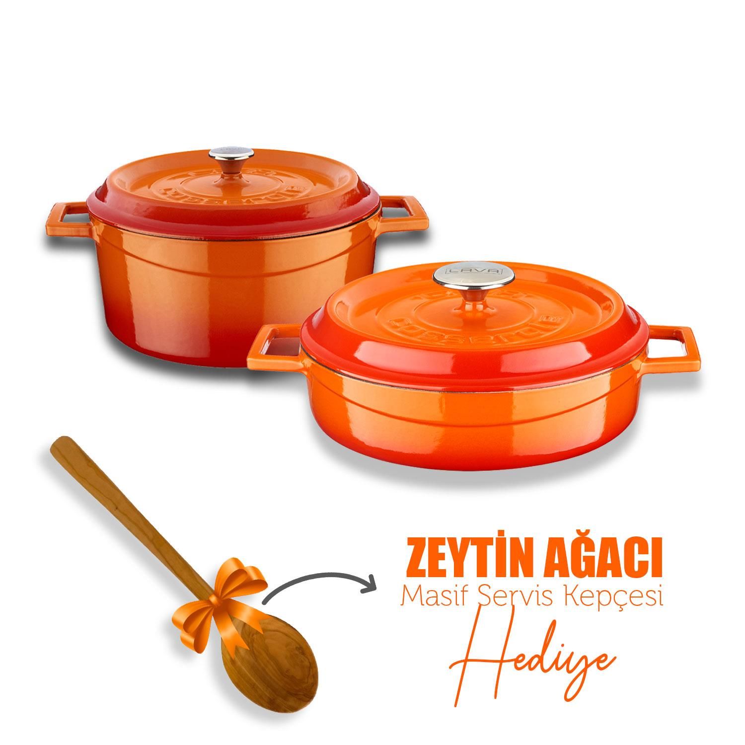 Lava Döküm Yuvarlak Derin ve Sığ İkili Tencere Seti Turuncu