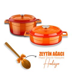 Lava Döküm Yuvarlak Derin ve Sığ İkili Tencere Seti Turuncu