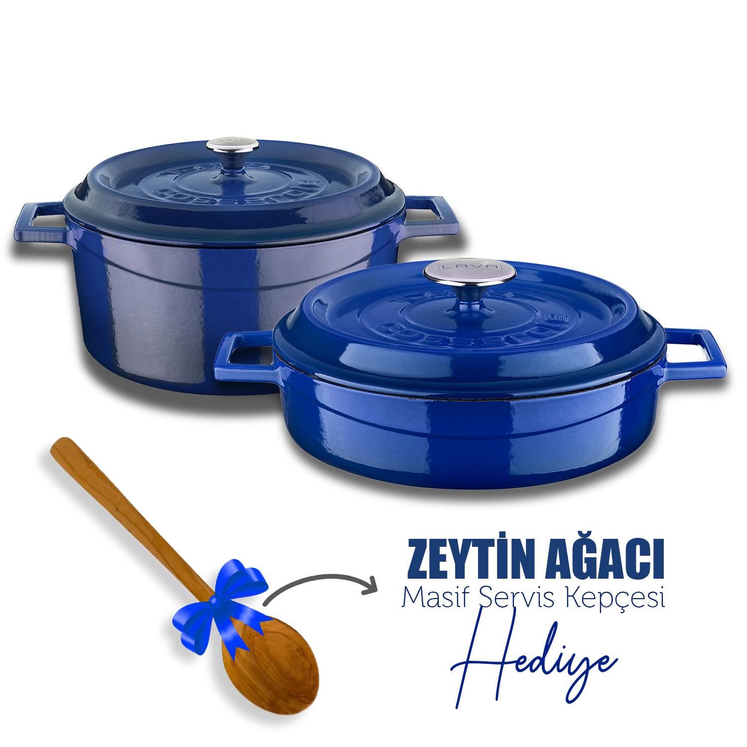 Lava Döküm Yuvarlak Derin ve Sığ İkili Tencere Seti Mavi -24 cm