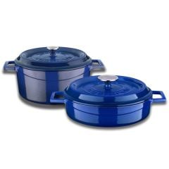 Lava Döküm Yuvarlak Derin ve Sığ İkili Tencere Seti Mavi -24 cm