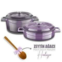 Lava Döküm 24 cm Yuvarlak Derin ve Sığ 5 Parça Tencere Seti Mor