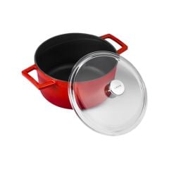 Lava Döküm Yuvarlak Tencere Çap(Ø)24cm. Cam Kapaklı. Glaze Kırmızı
