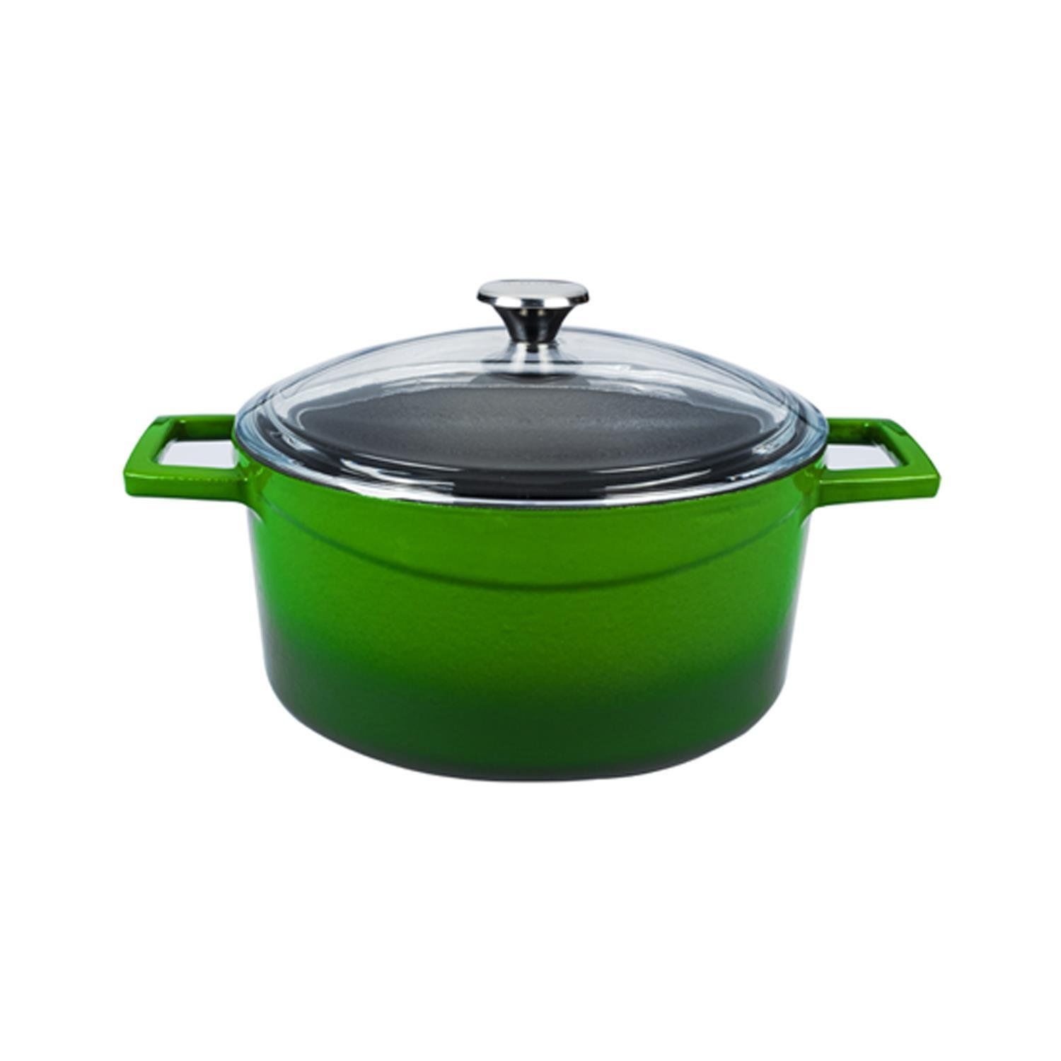 Lava Döküm Yuvarlak Tencere Çap(Ø)24cm. Cam Kapaklı. Glaze Yeşil