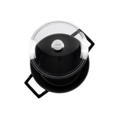 Lava Döküm Yuvarlak Tencere Çap(Ø)24cm. Cam Kapaklı. Glaze Metalik Siyah