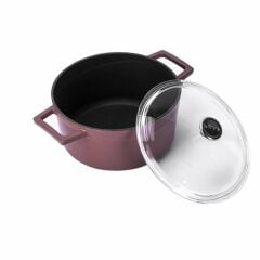 Lava Döküm Yuvarlak Tencere Çap(Ø)24cm. Cam Kapaklı. Glaze Lila