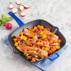 Lava Döküm Kare Izgara Tavası Ölçü 28x28cm. Cam Kapaklı Döküm Demir Yekpare Saplı