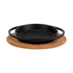 Lava Döküm Yuvarlak Sahan Çap(Ø)20cm. Döküm Demir Yekpare Çift Kulplu Kayın Servis Ahşabı