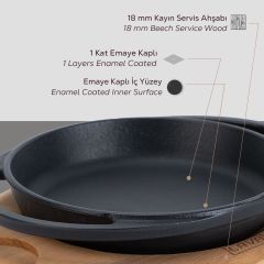 Lava Döküm Yuvarlak Sahan Çap(Ø)20cm. Döküm Demir Yekpare Çift Kulplu Kayın Servis Ahşabı