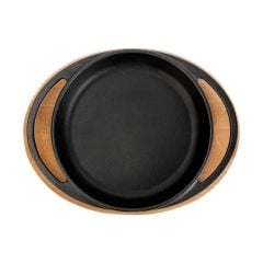 Lava Döküm Yuvarlak Sahan Çap(Ø)20cm. Döküm Demir Yekpare Çift Kulplu Kayın Servis Ahşabı