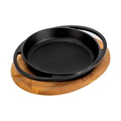 Lava Döküm Yuvarlak Sahan Çap(Ø)20cm. Döküm Demir Yekpare Çift Kulplu Kayın Servis Ahşabı