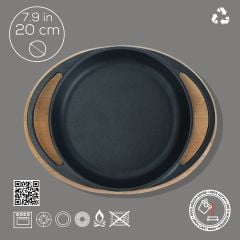 Lava Döküm Yuvarlak Sahan Çap(Ø)20cm. Döküm Demir Yekpare Çift Kulplu Kayın Servis Ahşabı