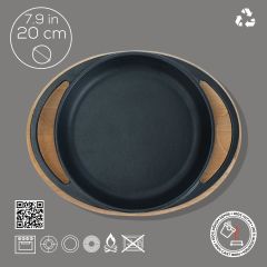 Lava Döküm Yuvarlak Sahan Çap(Ø)20cm. Döküm Demir Yekpare Çift Kulplu Kayın Servis Ahşabı