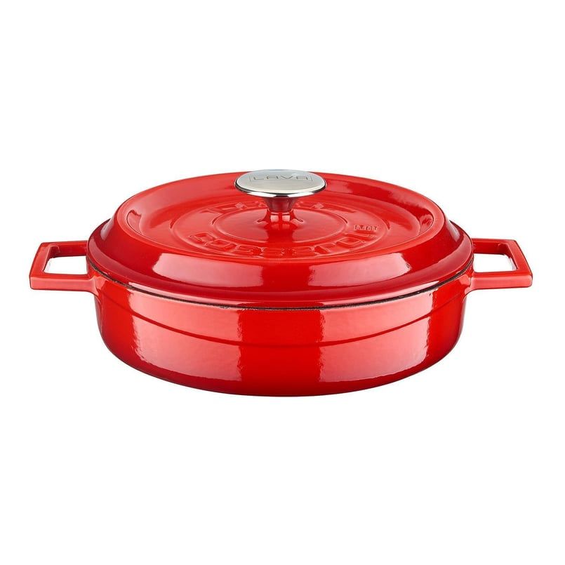 Lava Döküm Çok Amaçlı Yayvan Tencere Çap(Ø)24cm. Döküm Demir Yekpare Kulplu Edition Serisi - Kırmızı