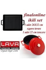 Finalonline Ikili Döküm Seti 26x32 Cm Izgara Tavası+22 Cm Tencere Garantili Tava+tencere
