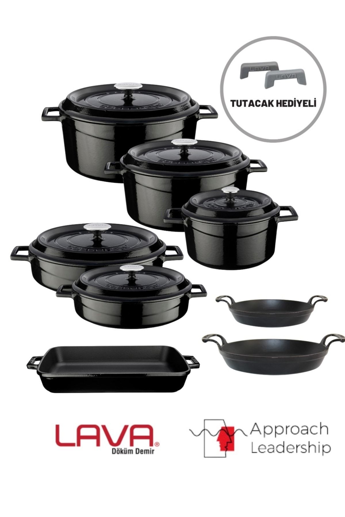Cast Iron Eight-Piece Pots and Pans Set Trendy Black Silicone Handle