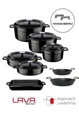 Cast Iron Eight-Piece Pots and Pans Set Trendy Black Silicone Handle